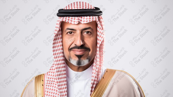 رجل كبير في السن بلحية بيضاء سعودي ويلبس المشلح مع خلفية بيضاء بواسطة الذكاء الاصطناعي