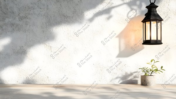 A black hanging lantern casts its shadow on a white wall. Below the lantern, there is a small plant in a pot on a wooden table. The extended shadows and soft colors fill the image with a natural and serene touch.