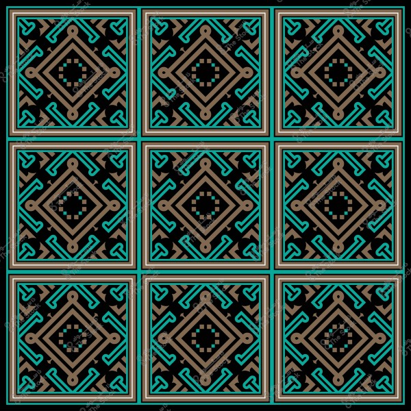 Geometric pattern design with intricate motifs in brown, blue, and black.