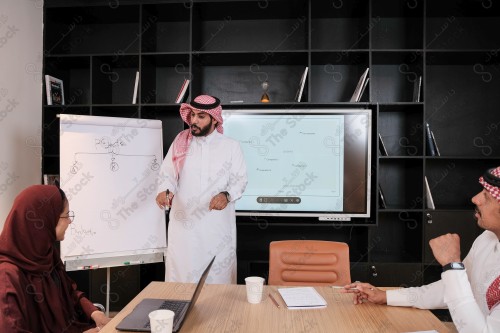 A Saudi man in traditional Saudi dress conducts a business meeting in the boardroom during the day