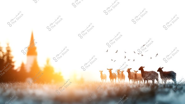 A group of deer standing in a field with the sun setting in the background. Several birds are flying in the sky. The image of a church steeple and a group of trees fades in the background with warm lights of the scene.