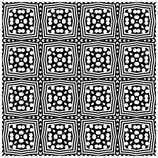 نمط متكرر لأشكال هندسية بالأبيض والأسود تتكون من مربعات وخطوط متعرجة.