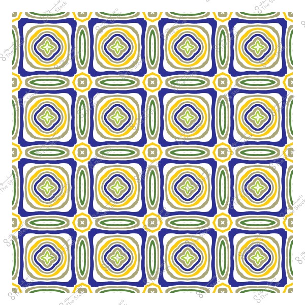 نمط هندسي ملون مكون من دوائر ومربعات وخطوط متداخلة باللون الأزرق والأصفر والأخضر.