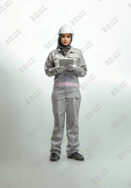 ** Image of a woman wearing a light gray work uniform that appears to be for industrial work, along with a white safety helmet and inner cap. She is wearing gloves and holding a tablet. She wears a long hijab visible under the helmet, suggesting Middle Eastern culture. The background is white.\r\n\r\n- **