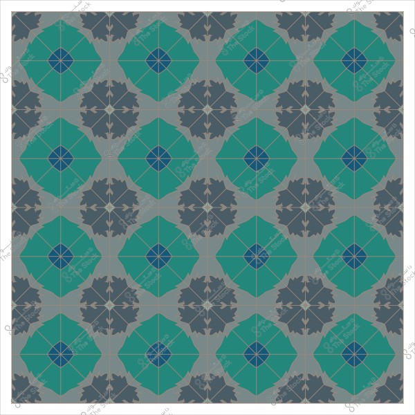 تصميم هندسي متماثل بنمط زخرفي يتضمن أشكالاً سداسية باللونين الأخضر والأزرق مع تفاصيل رمادية.