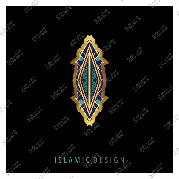 Islamic ornamental design with gold, blue, and green details on a black background.