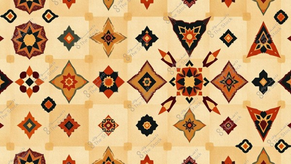 نمط زخرفي مكون من أشكال هندسية متكررة ملونة بالأسود, والبرتقالي, والأحمر, والبيج. التصميم يحتوي على مربعات وخطوط وأشكال نجمية متنوعة على خلفية بيج فاتح. الأشكال تتوزع بشكل منظم ومتقارب.