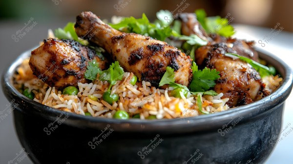 An image of a large dish featuring grilled chicken pieces on a bed of basmati rice, garnished with green peas and fresh herbs like cilantro. The dish is presented in a metal container, appearing as part of a traditional Eastern meal.