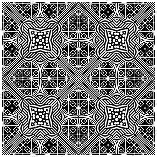 نمط زخرفي هندسي أبيض وأسود مع أشكال متكررة وخطوط متقاطعة.