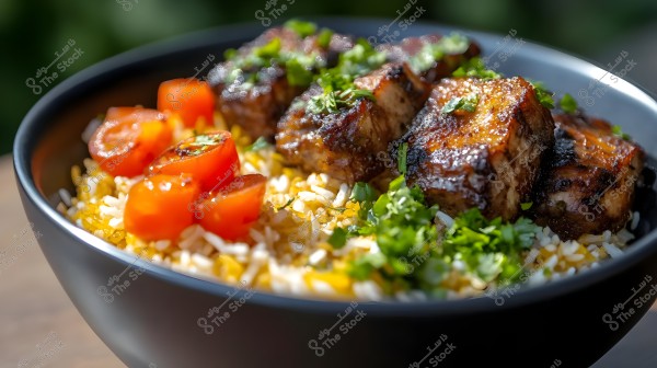A black bowl containing white rice with turmeric, topped with glossy brown grilled meat pieces and garnished with cilantro leaves. On the side, there are halved cherry tomatoes.