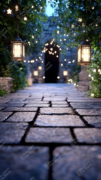 A cobblestone pathway in a garden illuminated by hanging lanterns and glowing lights. Dense green shrubs line the sides, and a dark arched stone entrance is visible in the background.