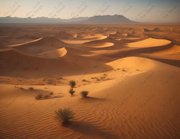 لقطة للكثبان الرملية الذهبية في الصحراء السعودية وتظهر السماء صافية  نهارًا ، الربع الخالي ، مناطق صحراوية، مصممة بواسطة الذكاء الاصطناعي