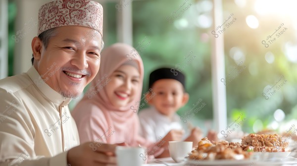 An image depicting a family sitting around a table for a meal. The man in the foreground is wearing a traditional shirt and a patterned headpiece. Next to him, a woman in a pink hijab and a child with a small cap can be seen. The table is covered with plates of food and drinks.