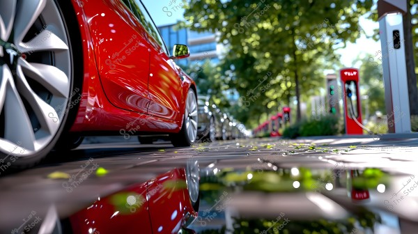 Image showing a red sports car parked next to an electric charging station under trees. The reflection of the car is visible on a wet surface in the foreground. A row of red charging stations is in the background, illuminated by sunlight filtered through green leaves.
