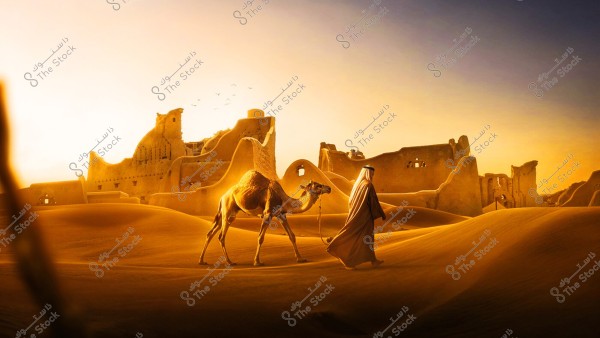 An image of a man walking alongside a camel in the desert with ancient mud buildings in the background. The man is wearing traditional clothing and the scene is bathed in warm golden sunlight.