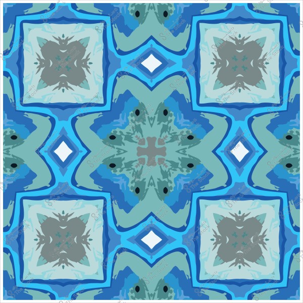 نمط هندسي متكرر بألوان زرقاء وخضراء يجمع بين أشكال مربعة وزخارف نباتية.