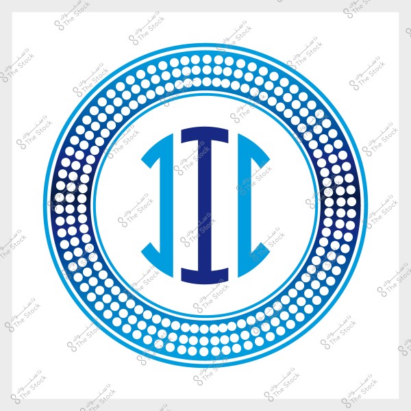 شعار دائري بتدرج لوني أزرق يحتوي على تصميم هندسي في مركزه يشبه حرف "I" مكرر بشكل متعاكس. الحلقة الخارجية تحتوي على نمط من النقاط البيضاء موزعة بشكل متناظر على خلفية زرقاء.
                            -