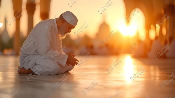 An image of a man wearing a white robe and a white cap sitting on his knees in an open space. The scene is set at sunset with golden light illuminating the area. The background features architectural columns and people in similar attire sitting in a group session.