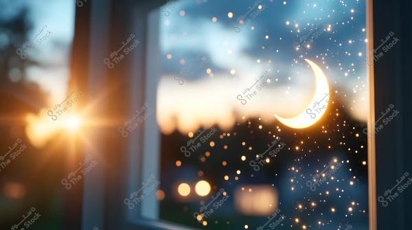 An image showing a beautiful sunset view from a window, with the bright sun disk on the horizon and sparkling, star-like droplets scattered on the glass. The sky displays warm colors of blue and orange, creating a magical and tranquil atmosphere.