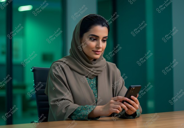 A portrait of a woman sitting on a chair, wearing a khaki abaya and headscarf, using a smartphone. The background is blurred, suggesting a modern office setting with calming green lighting. The woman appears focused on her work on the phone.