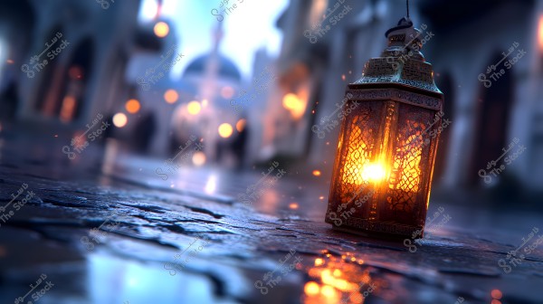 An image of an illuminated lantern with golden patterns on a wet pavement, in an outdoor setting suggesting a vibrant cityscape at night, with blurred lights indicating buildings on both sides, with a clear focus on the warm lantern light.