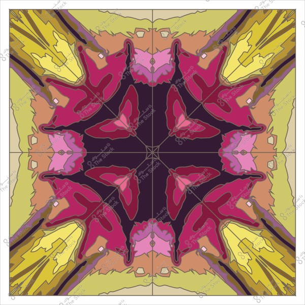 تصميم هندسي مستوحى من الألوان الزاهية والخطوط المتموجة بألوان الأحمر والوردي والأصفر على خلفية خضراء.