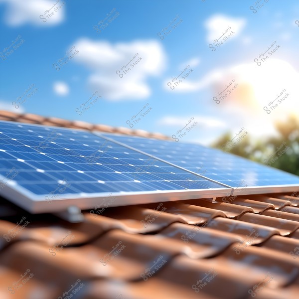 A solar panel mounted on a sloped roof covered with brown tiles, under a clear blue sky with scattered white clouds. Bright sunlight is visible at the corner, reflecting a shine on the surface of the solar panel.