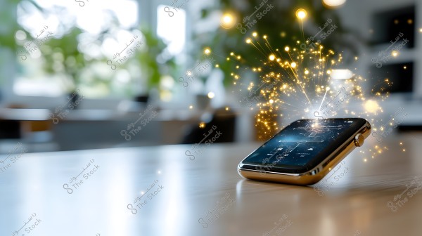 An image of a smartwatch placed on a wooden table in a bright room. The screen displays a visible user interface, and the watch is slightly tilted upwards. Golden sparkling light effects are emanating from it, adding a magical and high-tech feel. In the background, there is a blur with green plants and natural light coming through the windows.