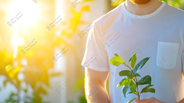 The image shows a person wearing a white shirt holding a small green plant in their hand. The background is illuminated by golden sunlight, adding a warm feeling to the image. The atmosphere appears natural and bright.