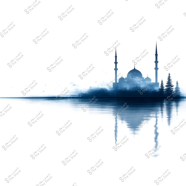 An artistic image depicting a mosque with prominent minarets and domes, reflected on a calm water surface. The image also includes pine trees next to the mosque, all styled with a misty and elegant dark blue on a white background.