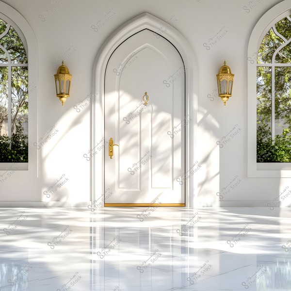 An image showing a white, arched door flanked by windows reflecting greenery outside. Golden wall lanterns are on either side of the door. Light reflections and plant shadows are visible on the glossy marble floor.