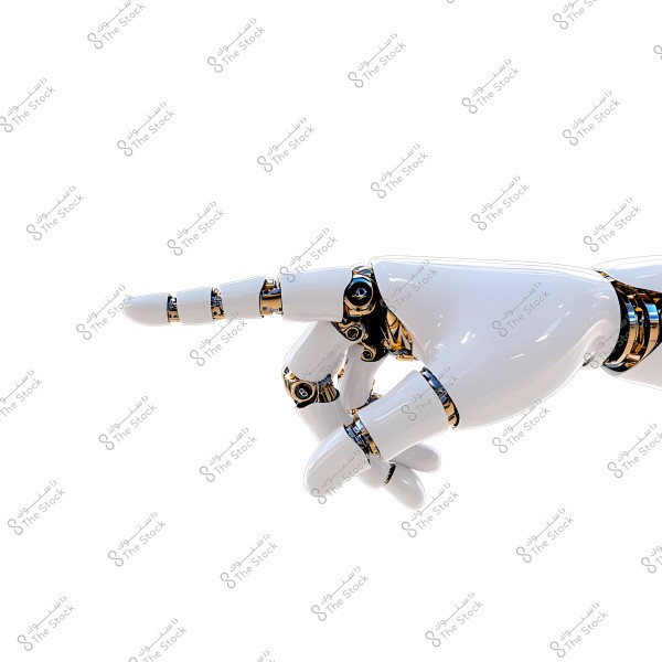 The image shows a white robotic hand with gold metallic details. The fingers are slightly bent, pointing to the left. The design highlights the sleek and shiny contours of the hand against a simple white background.