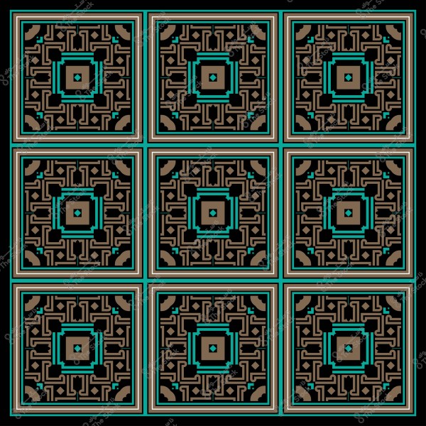 نمط متكرر لتصميم زخرفي عربي بألوان البني والأزرق الفيروزي, يتكون من تسعة مربعات متماثلة.