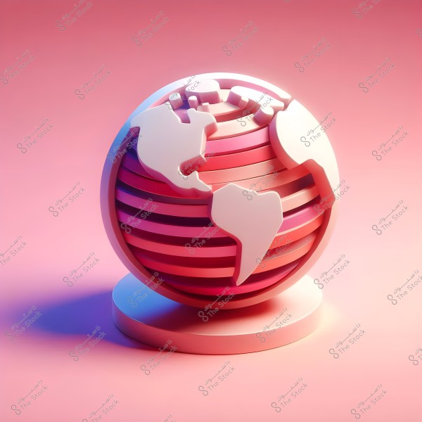 A digital sculpture of the Earth in a spherical form, segmented into horizontal layers, with continents highlighted in white against a vibrant pink background.