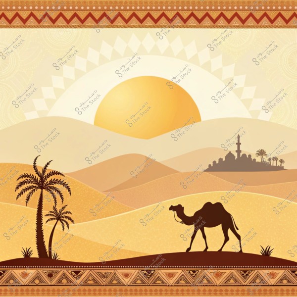 لوحة فنية تصور مشهد صحراوي يضم شروق الشمس فوق الكثبان الرملية. يظهر منظر نخيل وأشجار نخيل على اليسار, وجمل يمشي في الصحراء إلى اليمين. في الخلفية, يظهر ظلال مسجد وعدة مآذن تحت الشمس الساطعة.