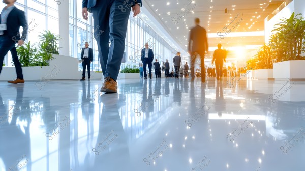 An image of a modern indoor hallway filled with people wearing formal suits. Many are seen walking through the spacious, well-lit corridor, illuminated by natural light from large windows on both sides. Neatly arranged plants on the sides provide a touch of green to the space, with glossy surfaces reflecting the light.