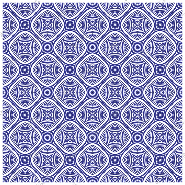 Repeating geometric pattern with circular shapes and blue designs on a white background.