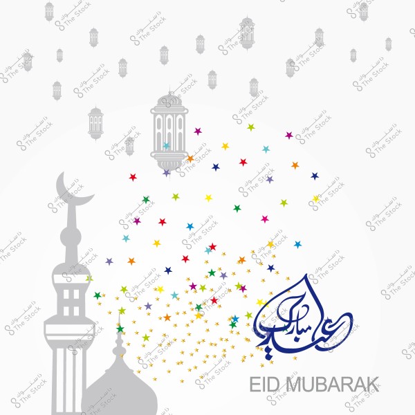 Eid Mubarak design featuring a lantern and colorful star decorations next to a mosque minaret.