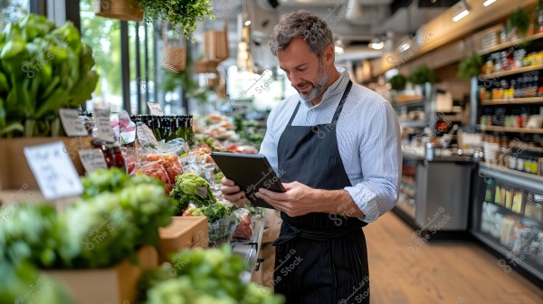 A man wearing a black apron stands in a grocery store with fresh vegetables on the shelves. He holds a tablet, appearing to review or record notes. The store is well-lit with shelves filled with various products and goods in the background.