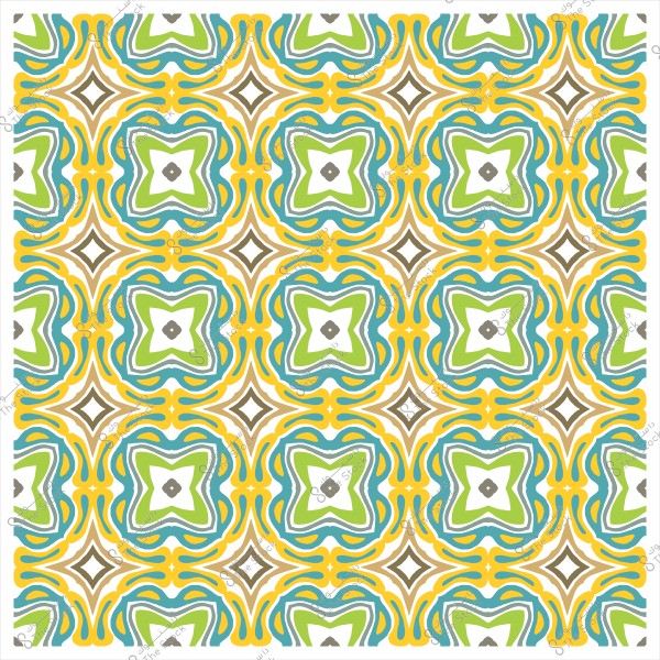 نمط زخرفي ملون يجمع بين الأشكال المتكررة ذات الألوان الأزرق والأخضر والأصفر والبني.