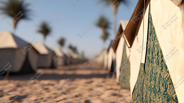 The image shows a row of tents in a vast desert under a clear blue sky. The tents are lined up side by side on the sand, with some palm trees blurred in the background. The tents are made of light-colored fabric with decorative patterns on the edges.
