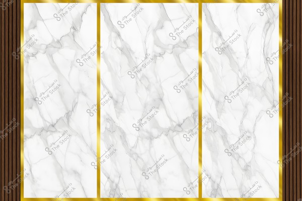 The image features three panels of white marble with grey veins, each outlined with a shiny golden frame. The background includes dark wooden elements running vertically on the left side.