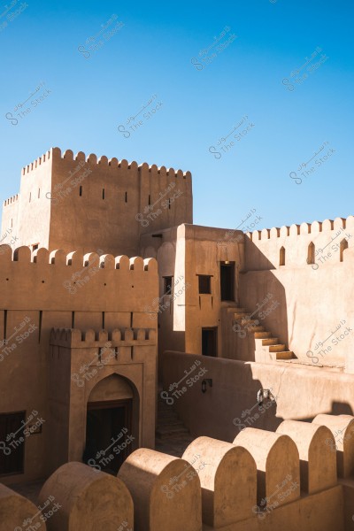 Image of a historic mud-built fort during the daytime, featuring thick walls and tall towers with traditional architectural details. The exterior is light brown under a clear blue sky. The image shows stepped stairs and small rectangular windows.