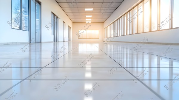 A long, wide corridor with a shiny white tiled floor, featuring white walls and large glass windows on the right side. The lighting is natural due to sunlight coming in through the windows. There are doors on the left side of the corridor.