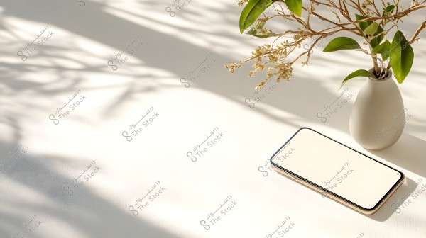 A smartphone with a blank white screen lies flat on a surface next to an elegant vase containing green leaves and small branches. The shadows of the plants are cast on the surface, adding an aesthetic dimension to the scene.