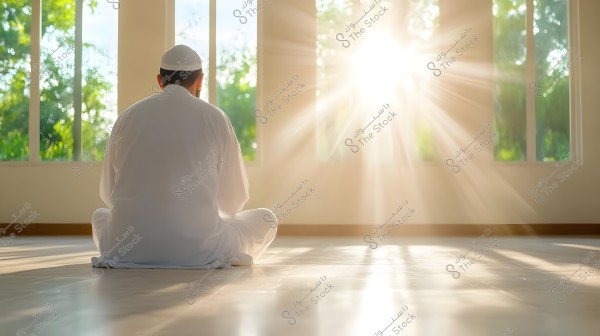The image shows a person sitting in a meditative pose inside a room illuminated by bright sunlight. The person is wearing traditional white Arabic clothing and a head covering, appearing to be in a state of meditation or prayer. Behind them are large windows that reveal a view of trees with sunlight streaming through them beautifully.
