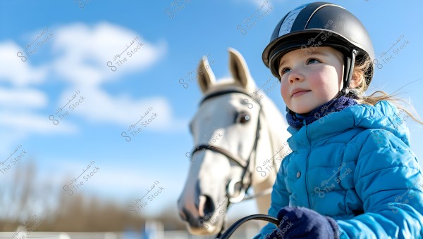 A photo of a child wearing a sturdy riding helmet and a warm blue jacket, smiling while riding a white horse. The clear blue sky and blurred background enhance the focus on the child and the horse.