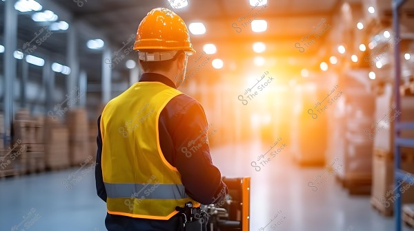The image shows a person wearing a yellow safety vest and an orange hard hat in a large warehouse. The backlighting creates a bright and radiant glow in the background where the interior structure and some shelves are blurred.