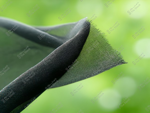 A close-up image of a dark green transparent fabric with slightly frayed edges. The background is a soft, blurred light green, creating a sense of softness and nature.