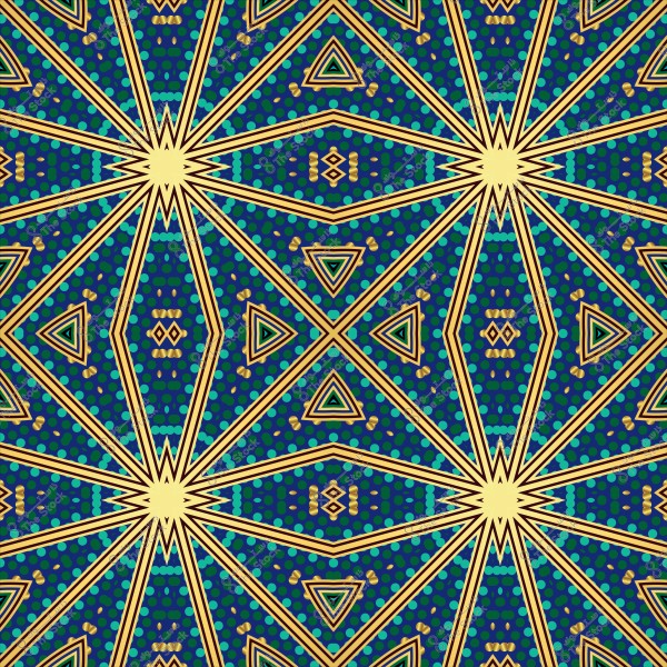 نمط هندسي بأشكال مثلثة ودوائر زرقاء وخضراء على خلفية زرقاء داكنة مع خطوط ذهبية.